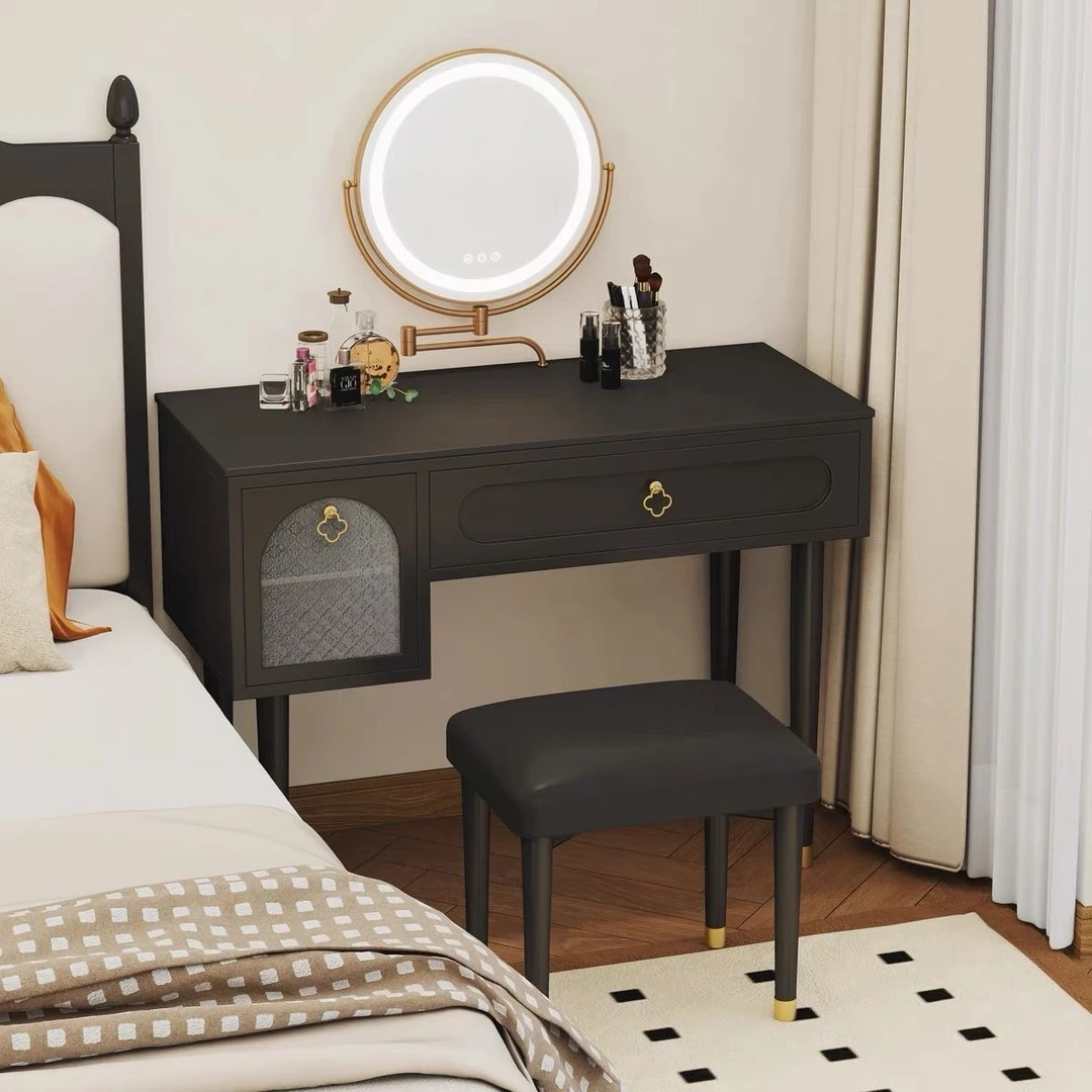 【智能键调节亮度】中古风梳妆台黑色现代美式小户型卧室法式化妆桌