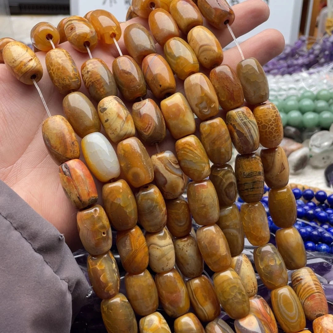 玛瑙/玉髓合金珠宝半成品一条装老料龙鳞玛瑙桶珠14*21mm