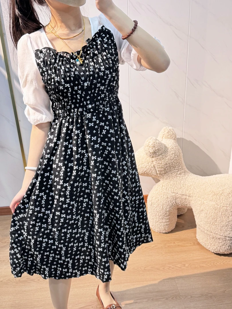 时尚收腰夏季方领泡泡袖碎花连衣裙女装中长款气质夏装裙子