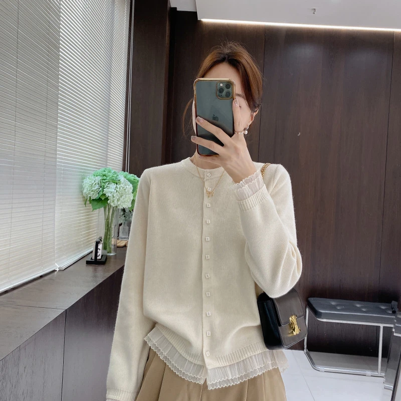 IMFLY金小金自制女装 针织开衫DYW8703春季网纱拼接圆领短外套