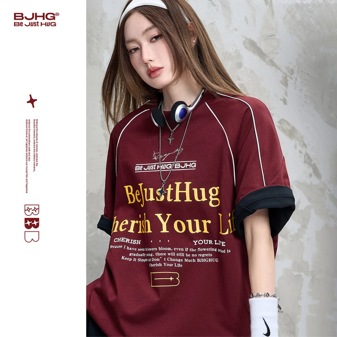 【专属】BJHG 复古圆领针织短袖男t恤夏季潮牌美式印花宽松体恤女