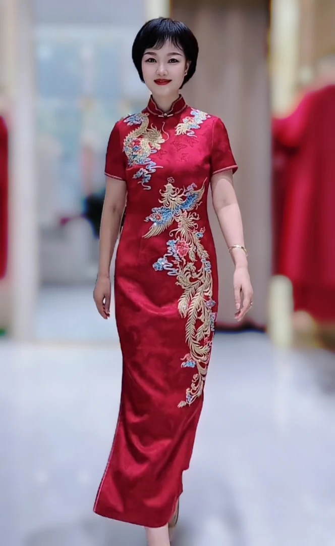 170323六礼高奢龙凤呈祥喜婆婆喜妈妈婚宴旗袍优雅红色中式礼服