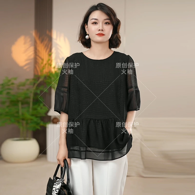 火袖G179提花中老年女装宽松夏季圆领黑色气质百搭妈妈装大码小衫