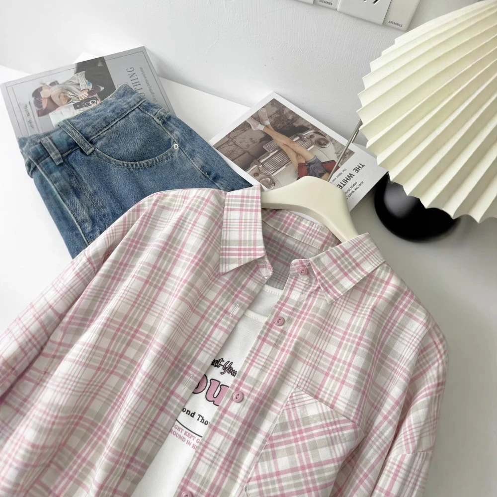 十三行韩系时尚洋气糖果色格子衬衫背心长袖衬衣慵懒风两件套