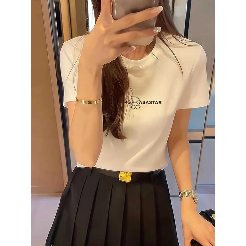 2025新款春秋季打底衫正肩字母磨毛短袖t恤女圆领设计感百搭上衣