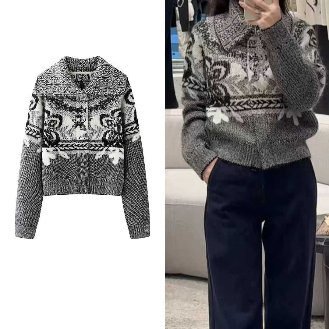 【提花】2025复古慵懒风费尔岛系带翻领宽松套头针织衫女3105