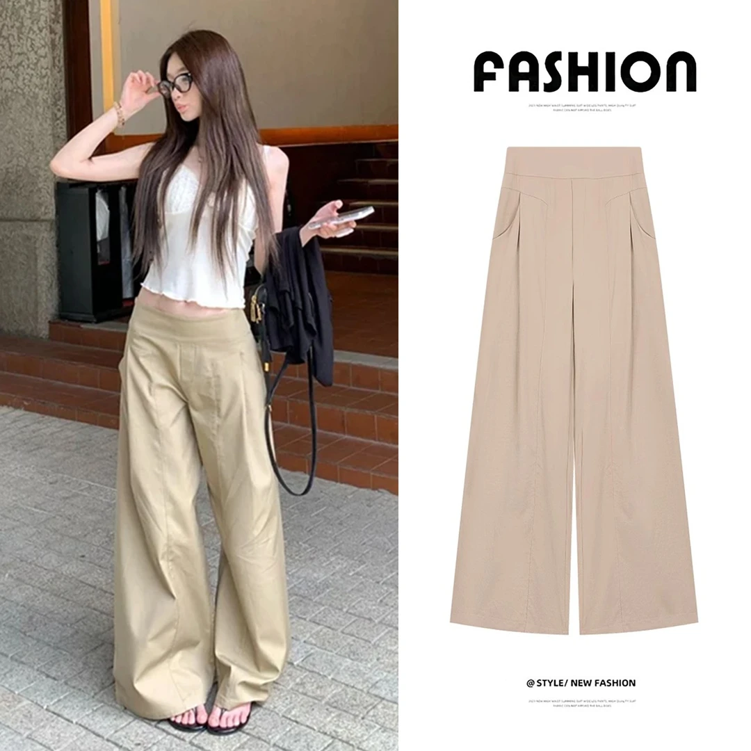 慵懒风裤子设计感卡其色休闲裤女夏季高腰显瘦宽松阔腿裤拖地长裤