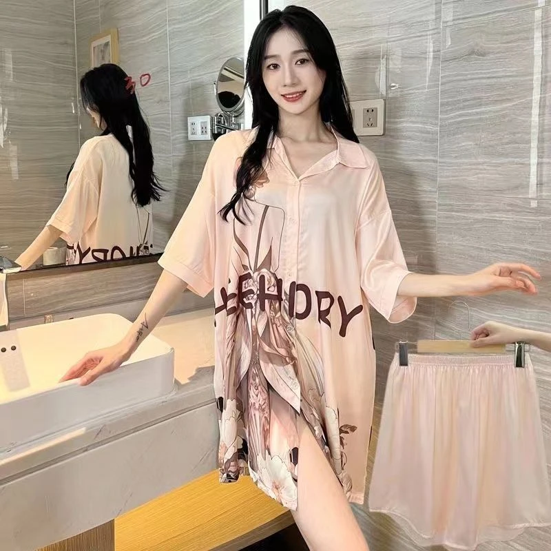 【现货直发】春夏高档冰丝睡裙时尚百搭大码居家服两件套衬衫性感