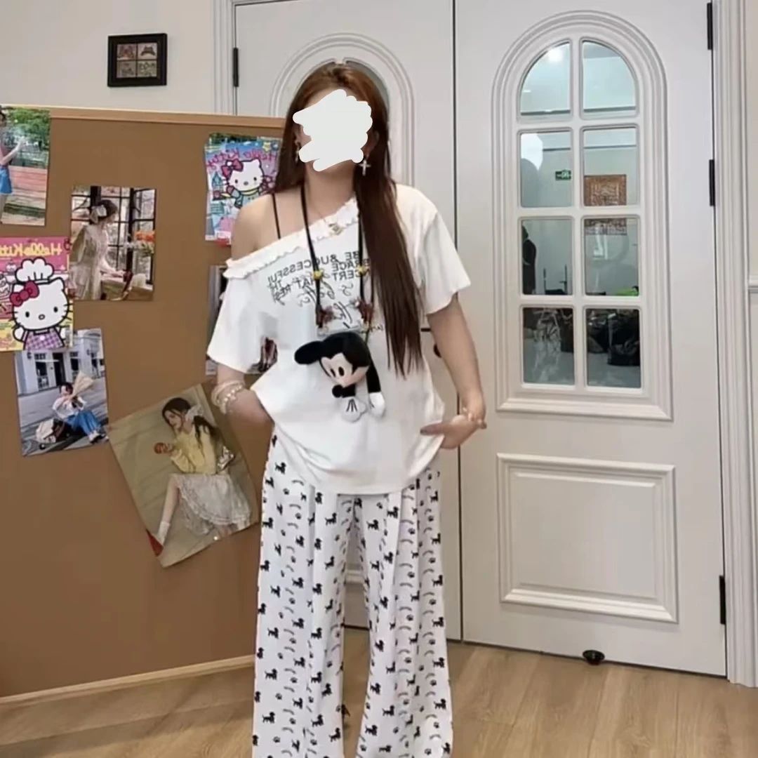 萌萌【卡通斜肩】字母斜肩T恤阔腿裤韩系套装22658半袖/522658裤