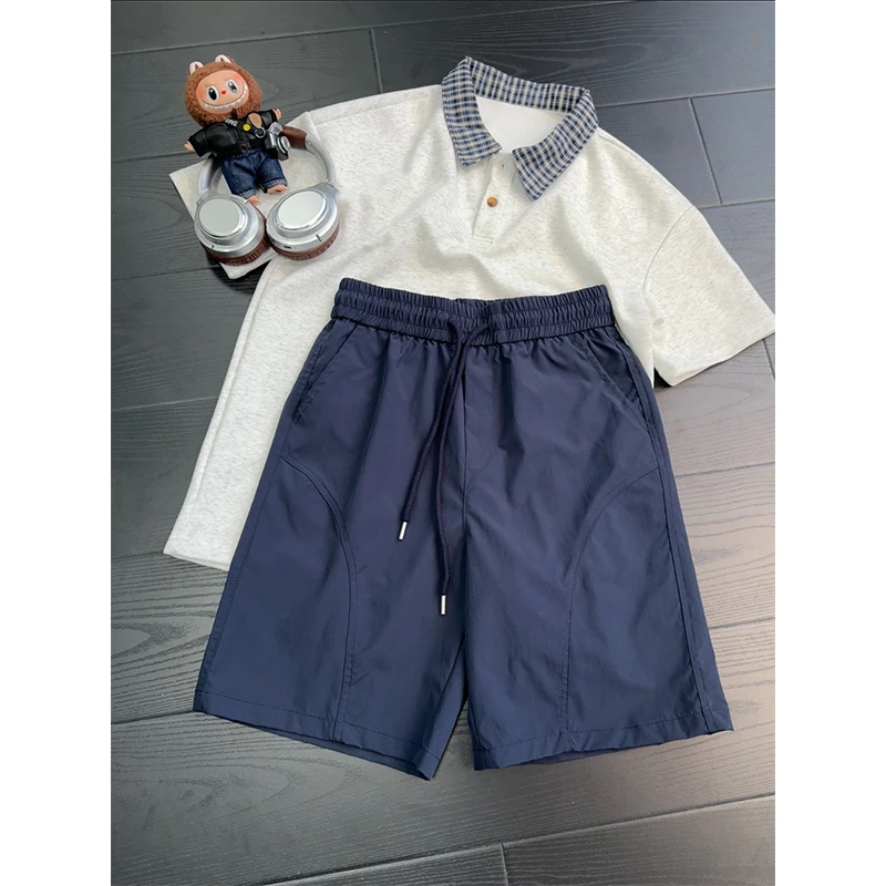 美式斜切工装短裤男夏季薄款拼接冰丝速干休闲裤篮球运动四分裤子