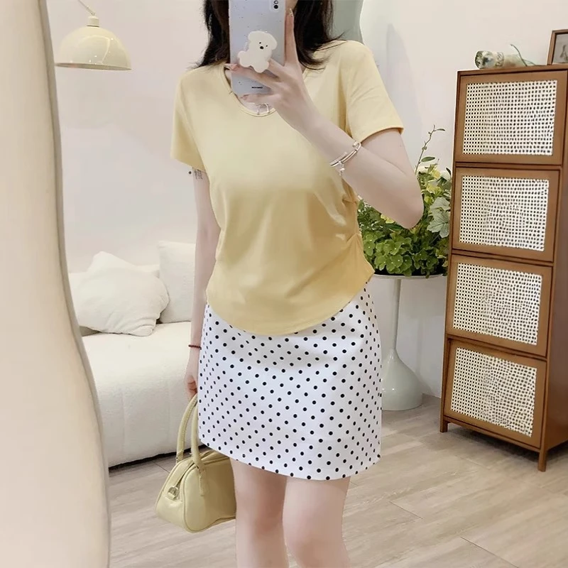 大码女装v领正肩短袖t恤夏季胖mm褶皱收腰设计感独特别致小衫上衣