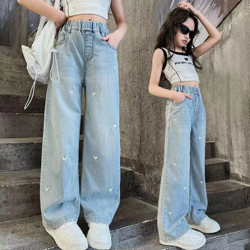 女童夏季牛仔裤洋气刺绣薄款休闲裤时髦夏装直筒阔腿裤CSC2113