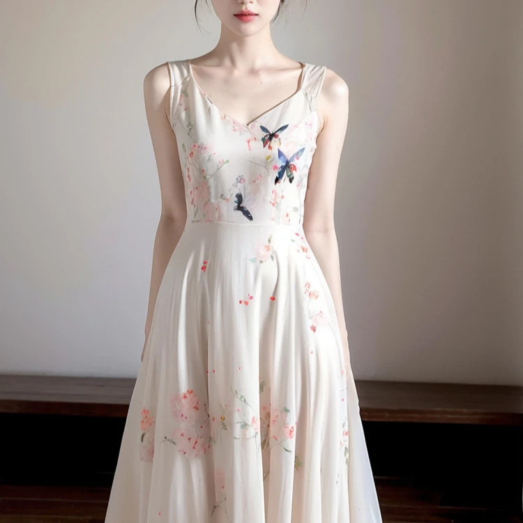 气质漂亮蝴蝶元素碎花修身显瘦连衣裙女长款白色千金风温柔长裙子