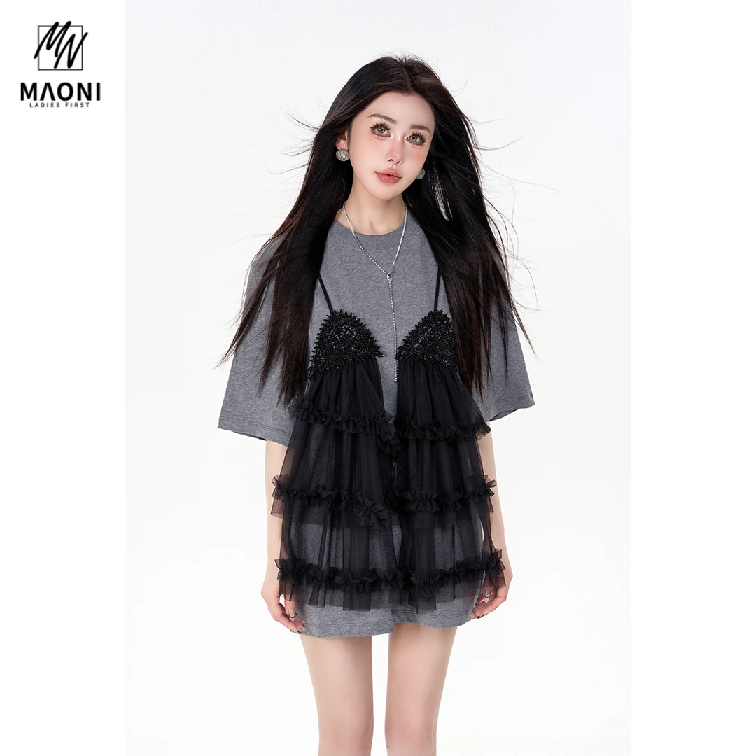 毛妮Peshe【假两件T恤】蕾丝拼接设计感小众休闲宽松上衣女 L1586