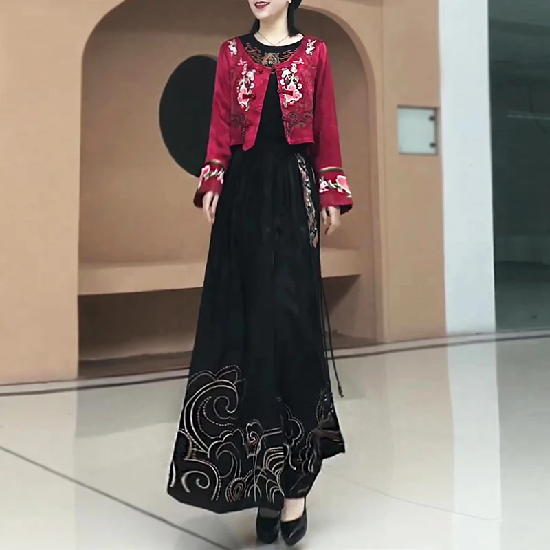 春新款新中式小外套国风刺绣锦缎小上衣外搭半身裙长裙两件套装女