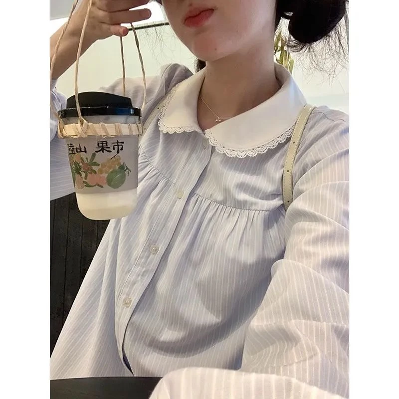 学院风设计感小众条纹长袖衬衫女秋季新款内搭显瘦宽松上衣