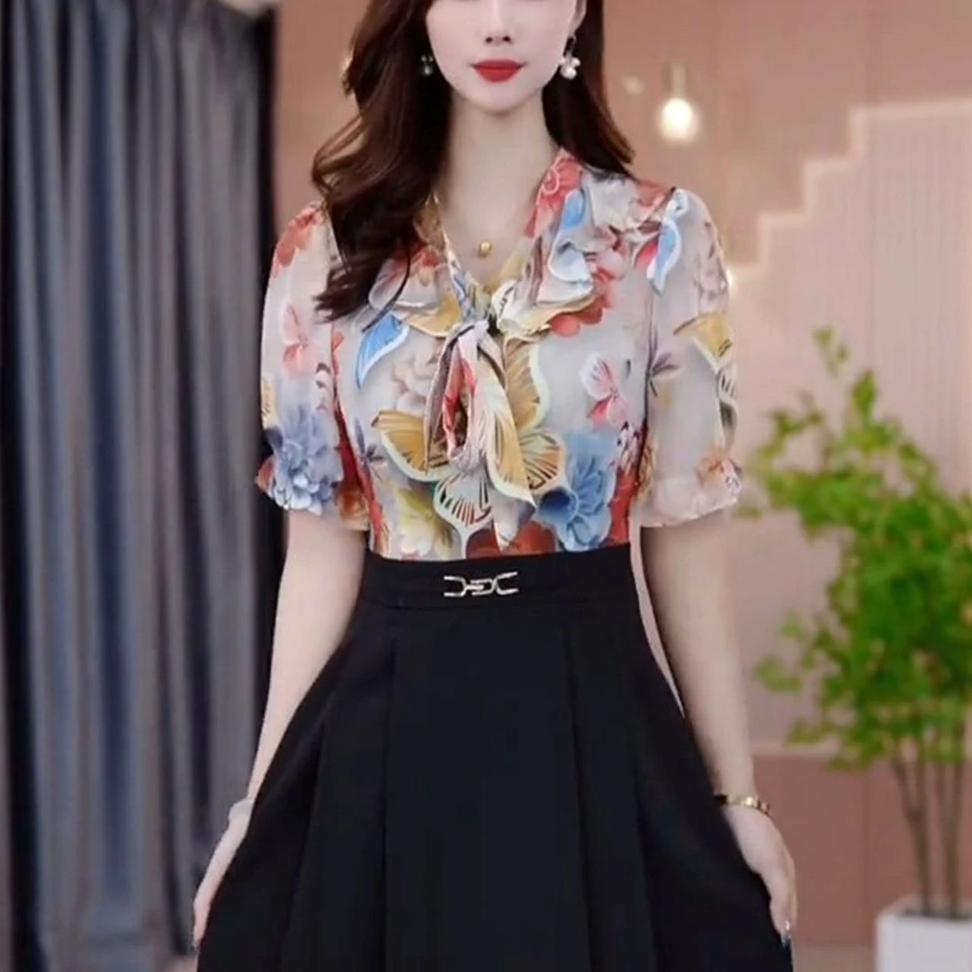 时尚假两件拼接短袖连衣裙女2025夏新款气质收腰遮肉显瘦碎花裙子