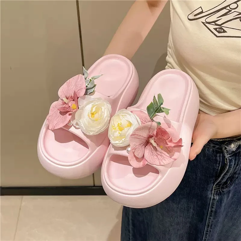 精美立体真花卉厚底一字女拖鞋家居浴室防滑凉拖女士外穿拖鞋