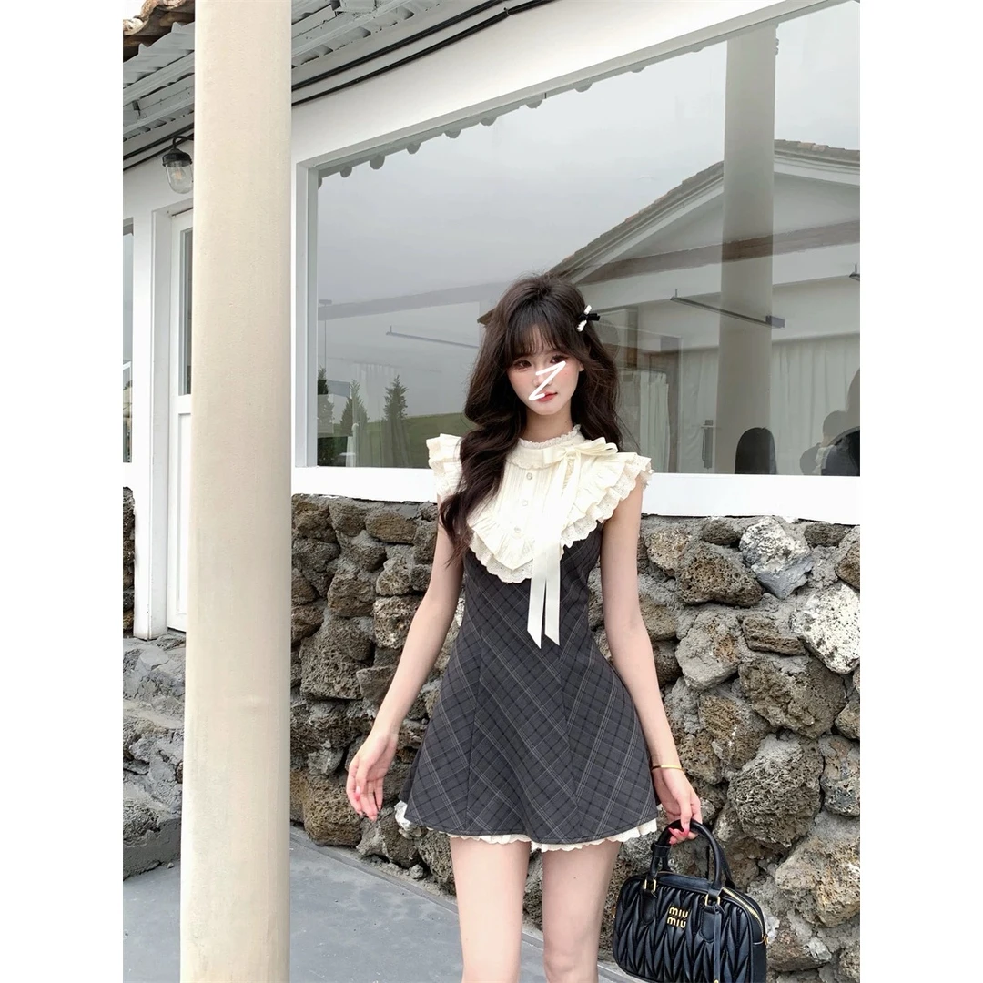 尤莉少女 法式复古格纹连衣裙蕾丝拼接千金感无袖短裙