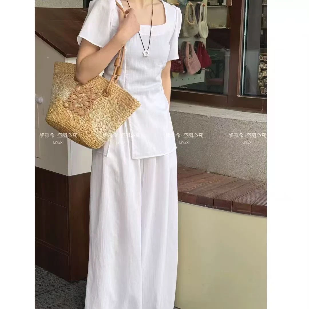 22570#大码新款设计感气质收腰方领侧开上衣套装