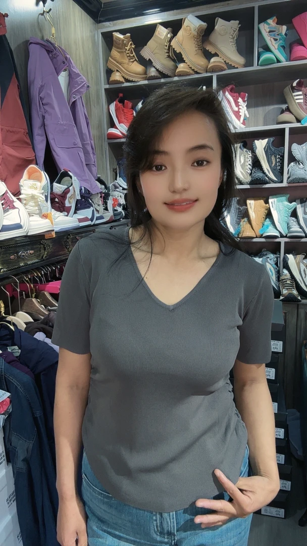V领灰色紧身喇叭袖纯色修身T恤百搭圆领短袖针织拼接常规时尚