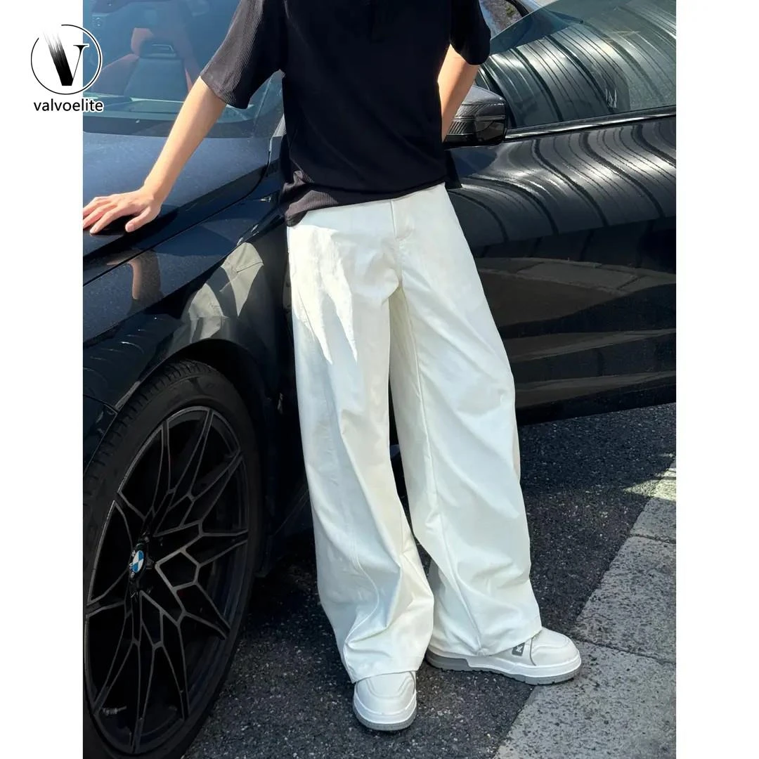 VALVOELITE美式高街弯刀白色阔腿裤男夏垂感休闲裤高级感直筒长裤