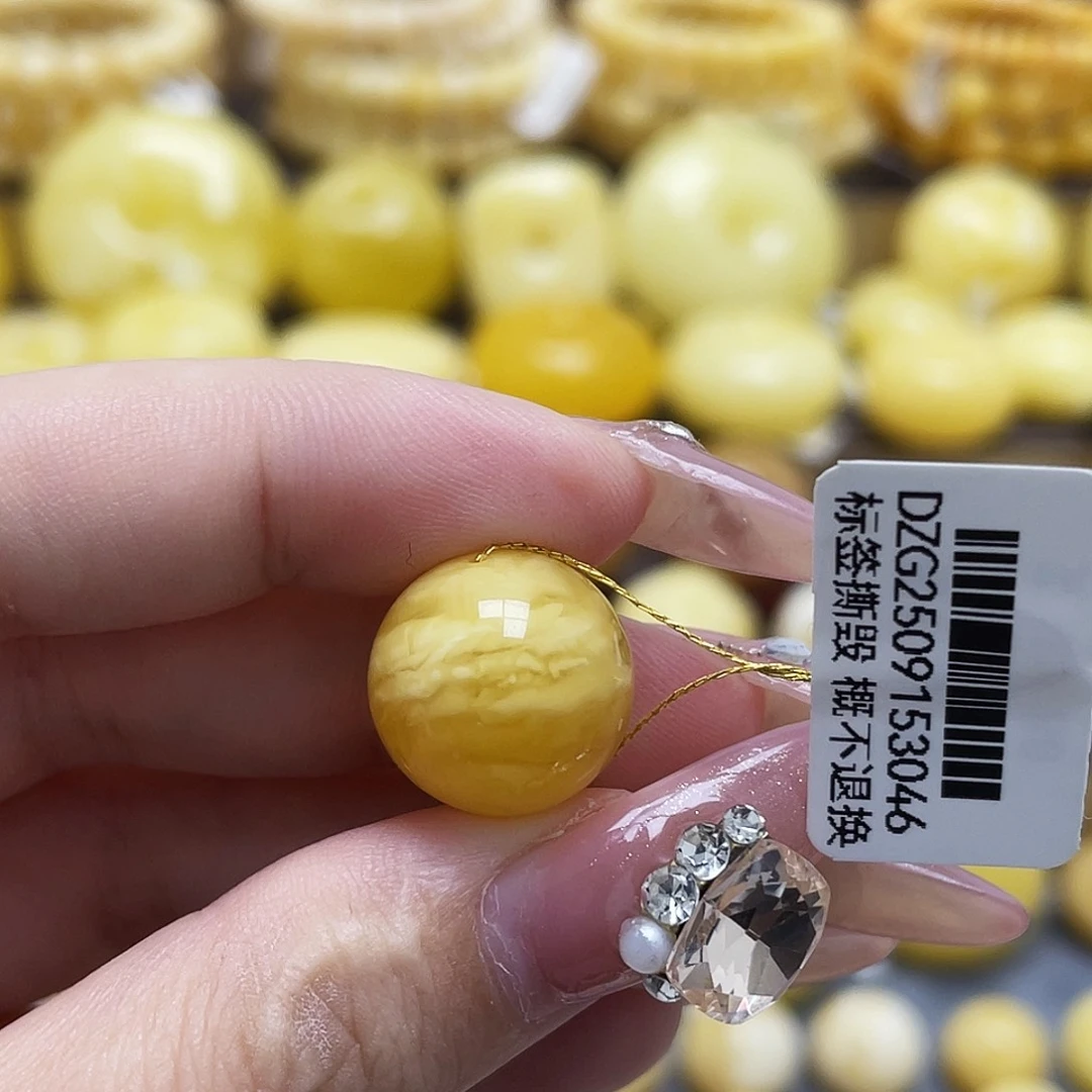 琥珀未镶嵌裸石14.5mm虎皮妖花圆珠瑕疵