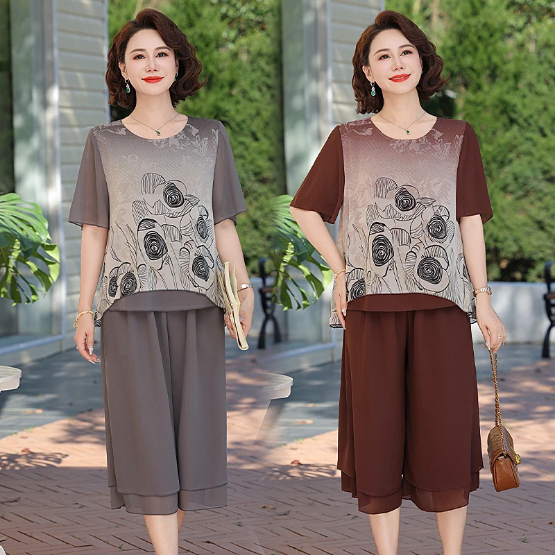 中年妈妈夏装贵气宽松套装2025新款洋气上衣中老年女装夏季两件套