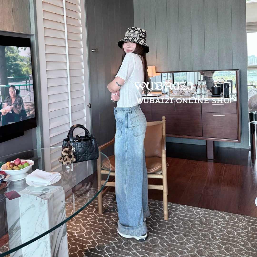 WUBAIZI ｜ 自制前口袋内里印花牛仔阔腿时髦牛仔裤 25710时尚