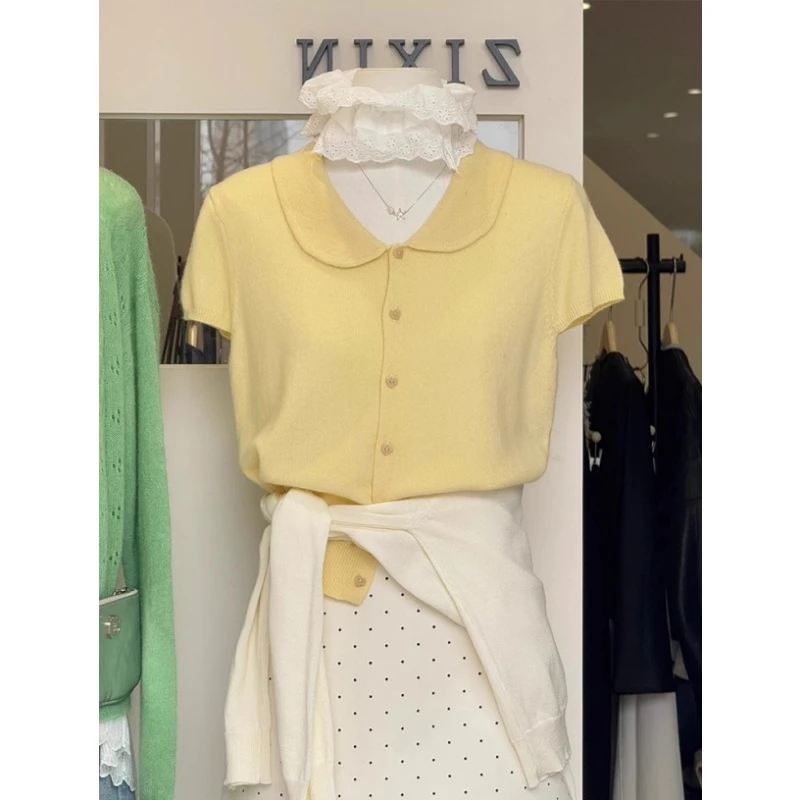 温柔黄色娃娃领冰丝针织开衫女宽松正肩短袖t恤夏季绝美漂亮上衣
