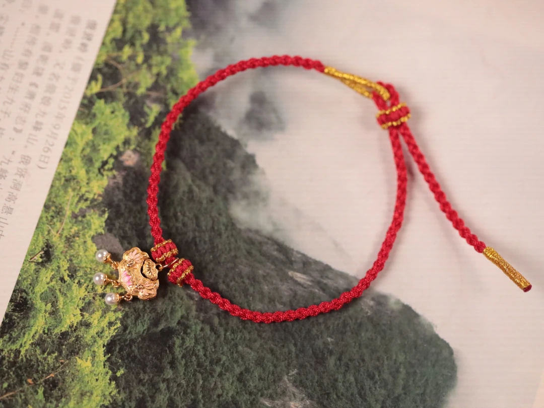 淡水珍珠3mm【925银：如意锁】红色手绳款时尚手工手编可调节素款