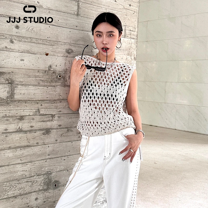 JJJ STUDIO 灰杏色镂空露背一字领优雅针织背心短直筒 JKWFR1N189