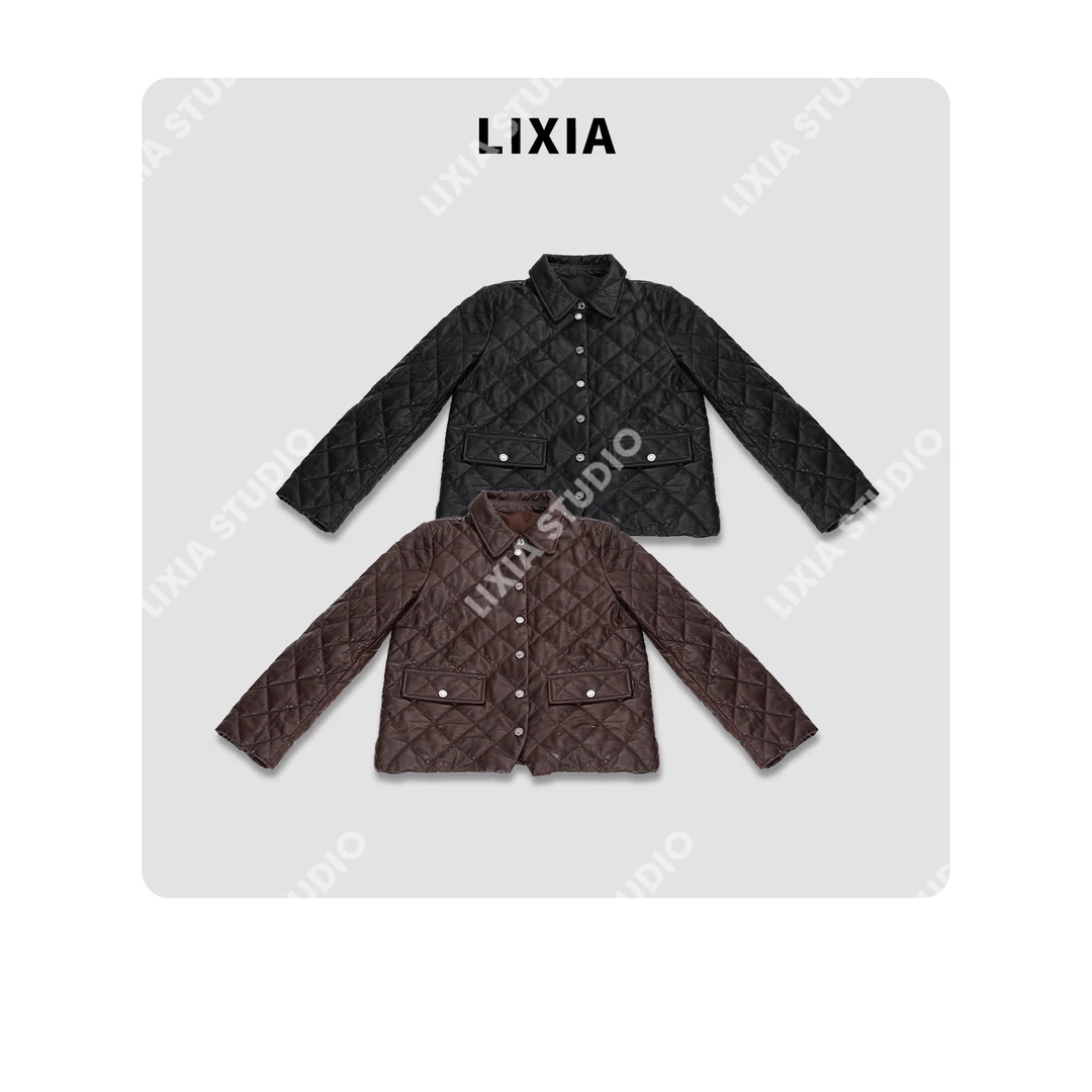 LIXIA【达拉斯】复古风塞拉纳油蜡皮菱格设计填充棉保暖皮衣-D10817