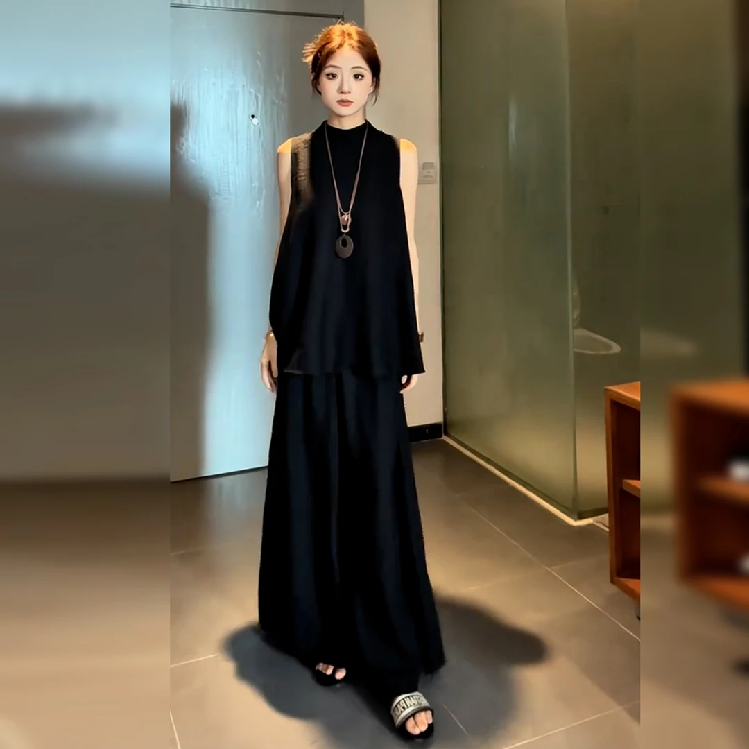 新中式国风无袖连衣裙子女2025夏季新款小个子高级清冷感黑色套装