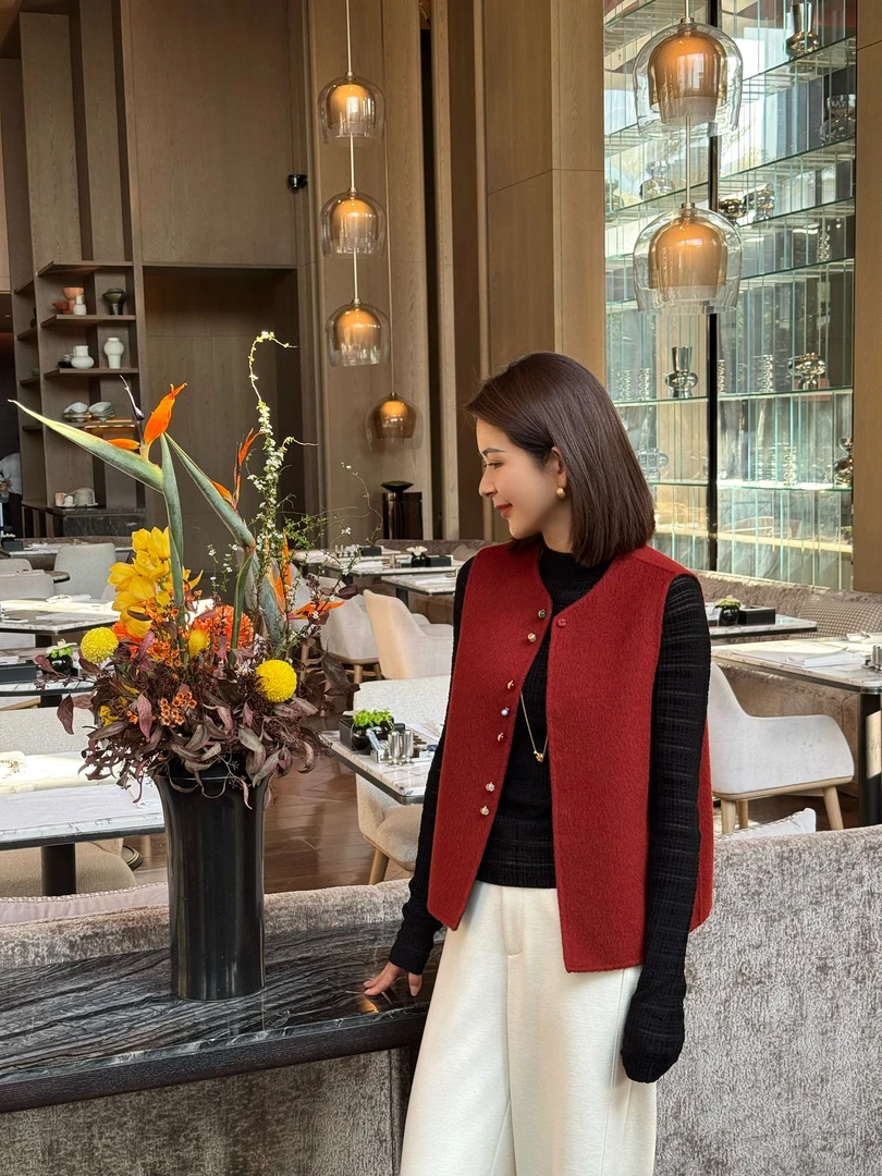 ANGELIAORIGINAL福映朱华 100绵羊毛国风秋冬双面穿手缝马甲#939