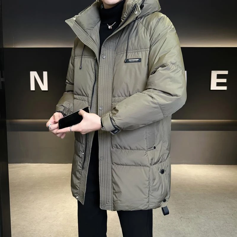 轻奢痞帅男装连帽中长款羽绒服男款冬季美式潮牌防寒加厚保暖外套