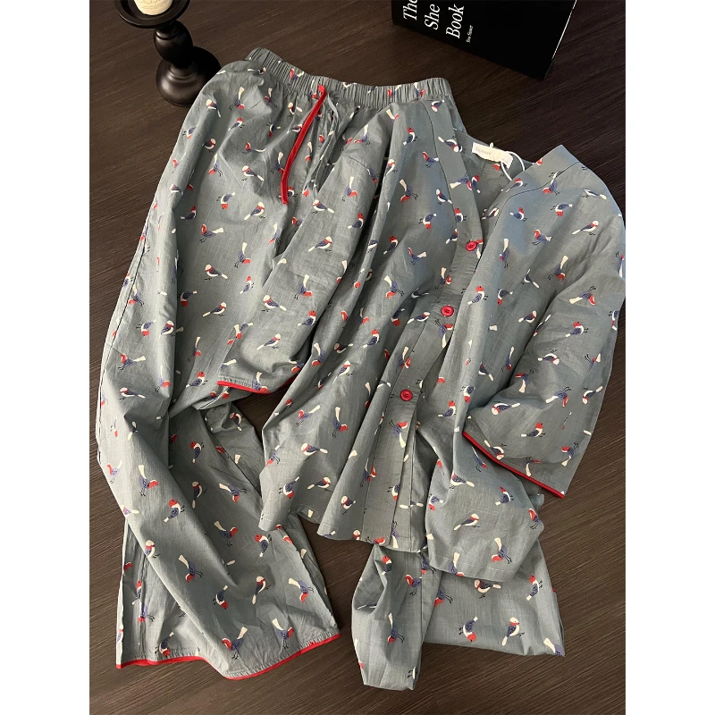 韩版卡通小鸟印花睡衣女春秋2025新款大码休闲长袖长裤家居服套装