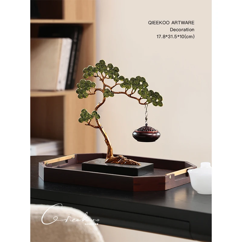 契阔家居新中式客厅合金松树吊式香炉玄关书桌轻奢高级感装饰摆件