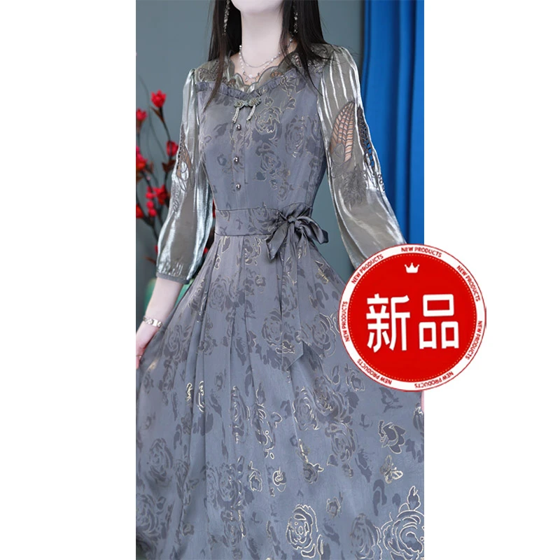 收腰复古轻奢长袖气质显瘦修身优雅中长款连衣裙
