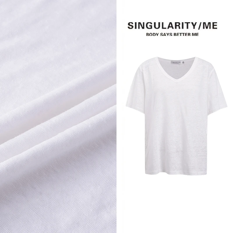 Singularity Me 2A 6042 时髦双层V领侧边蕾丝小设计短袖T恤