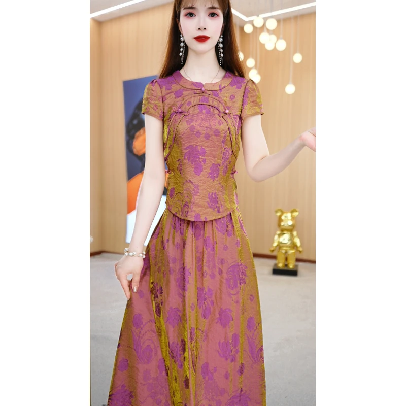 【上下套装】夏季新款圆领时尚修身气质显瘦短袖两件套套装裙M-4XL