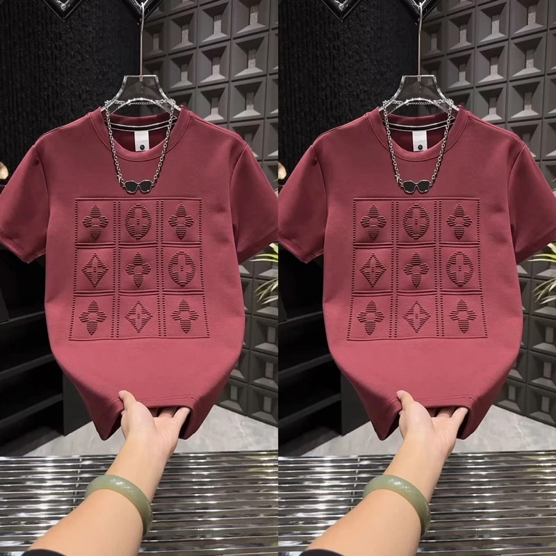 2025年夏季新款男士百搭重工钢印短袖T恤上衣半袖凹凸印时尚休闲t