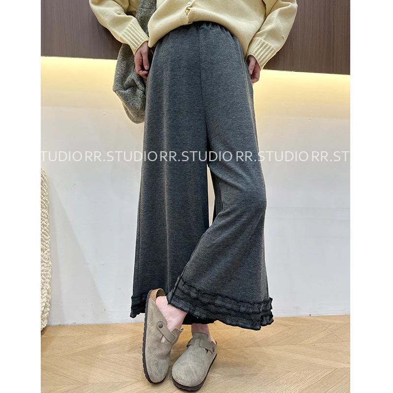 瑞瑞家孕妇装直筒松紧腰木耳边休闲裤时尚显瘦九分阔腿裤DY2410