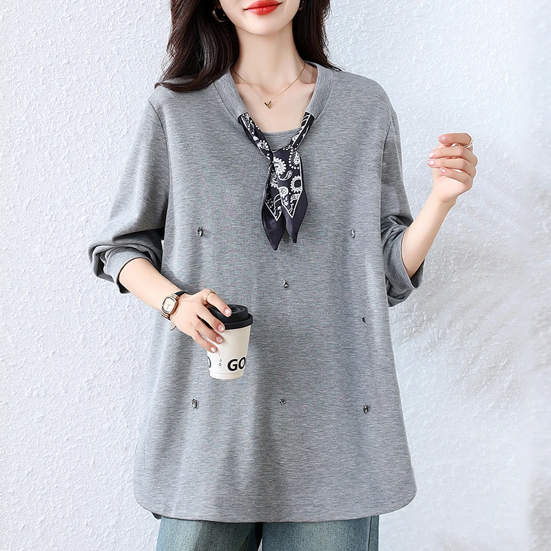 【女神新衣】洋气灰色卫衣秋季2025新款宽松长袖上衣气质大码纯色T