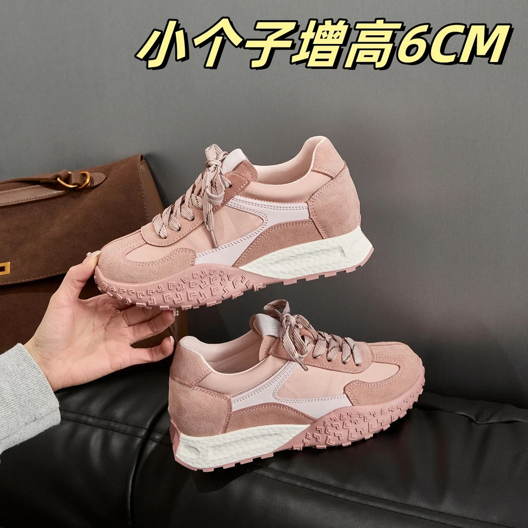 2025新款春秋季学院风休闲运动阿甘鞋粉色真皮厚底内增高德训鞋女