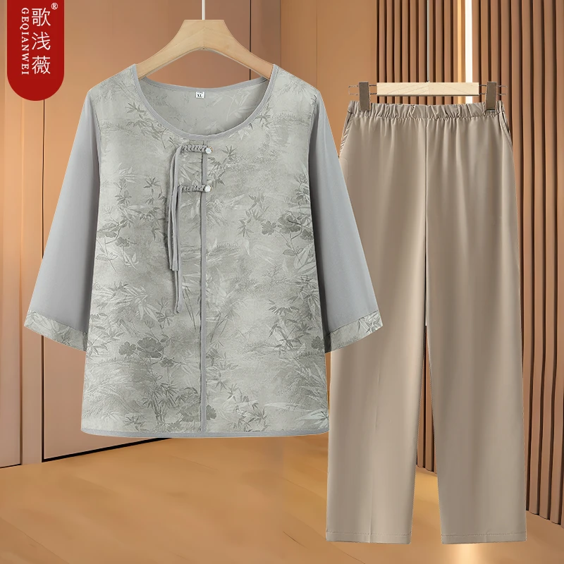 中老年人夏装女奶奶中袖T恤老太太上衣婆婆减龄衬衣妈妈套装服装