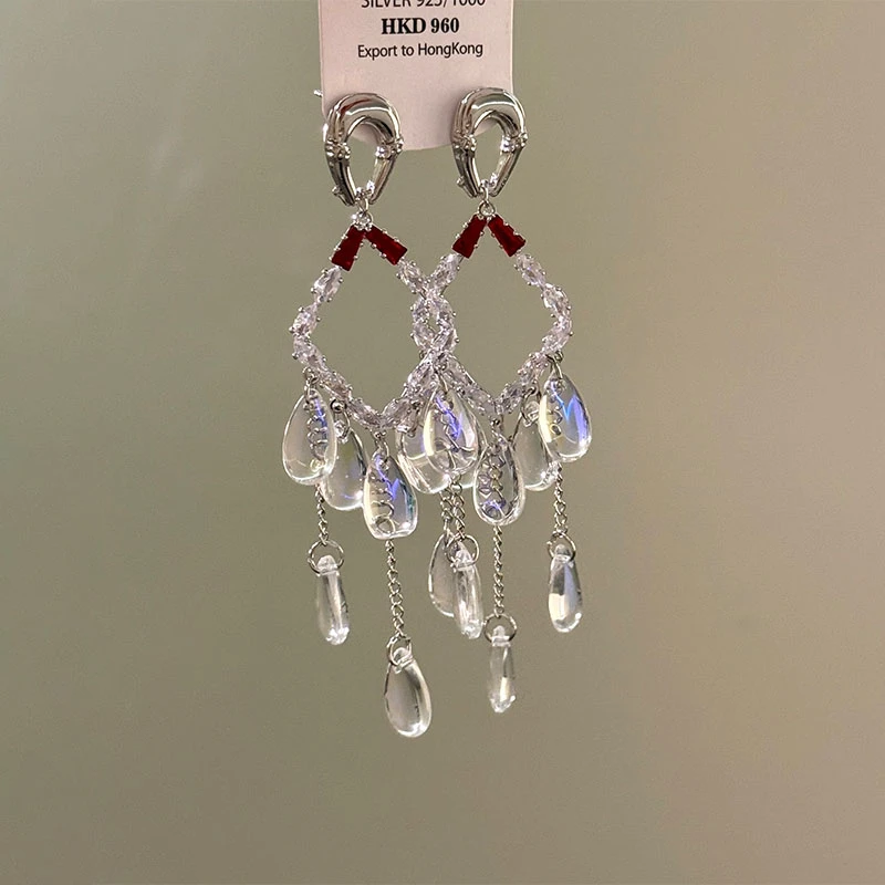 铜合金仿水晶耳饰 时尚镶钻菱形流苏耳环轻奢小众耳钉高级感耳饰