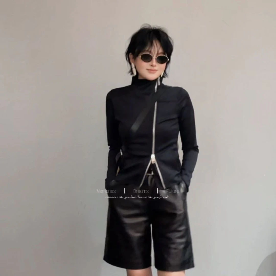MUZI-683911#小众设计不规则斜拉链修身立领净色上衣