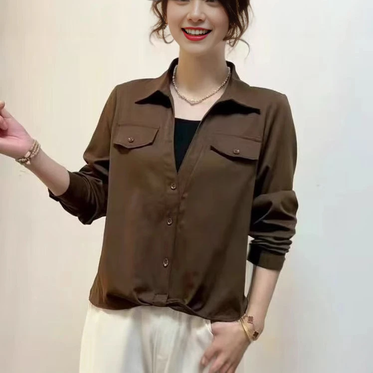 爆款2025春秋季款宽松显瘦翻领长袖假两件衬衫女上衣