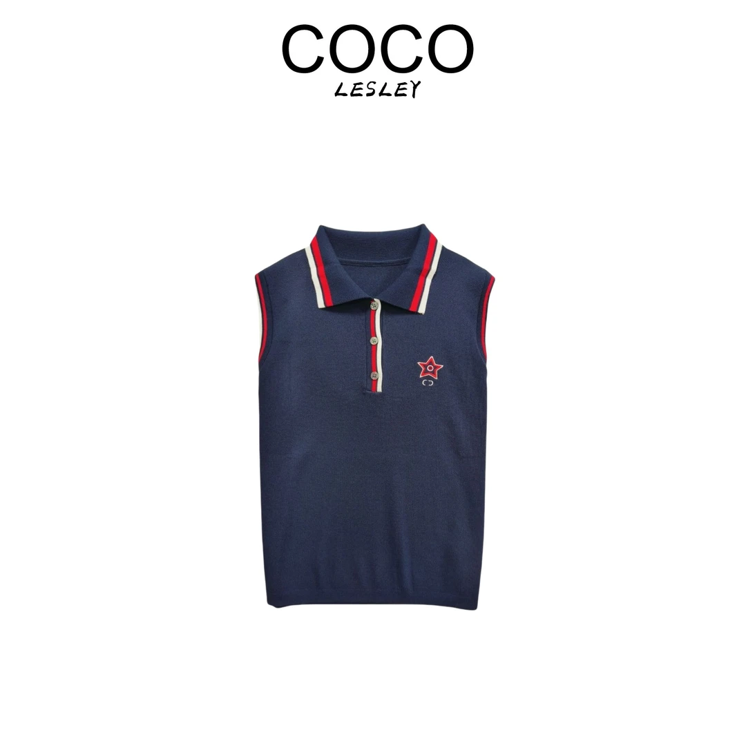 【COCO LESLEY】桑蚕丝撞色领口无袖polo领针织衫msl410